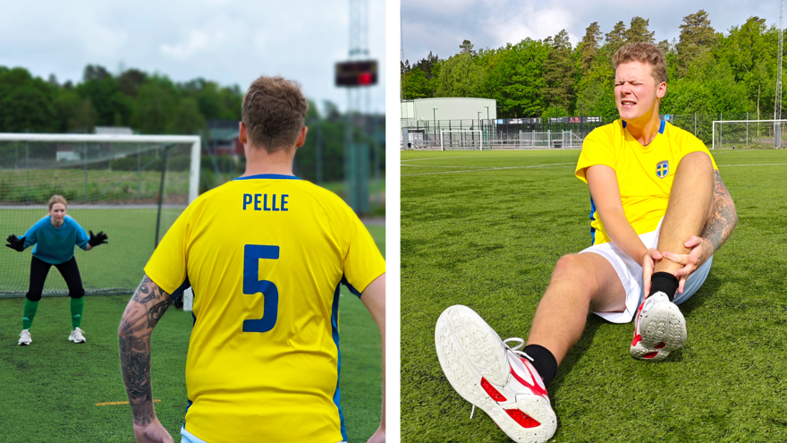 En man sitter på en fotbollsplan med en sverigetröja. Han har ont i sin fot.