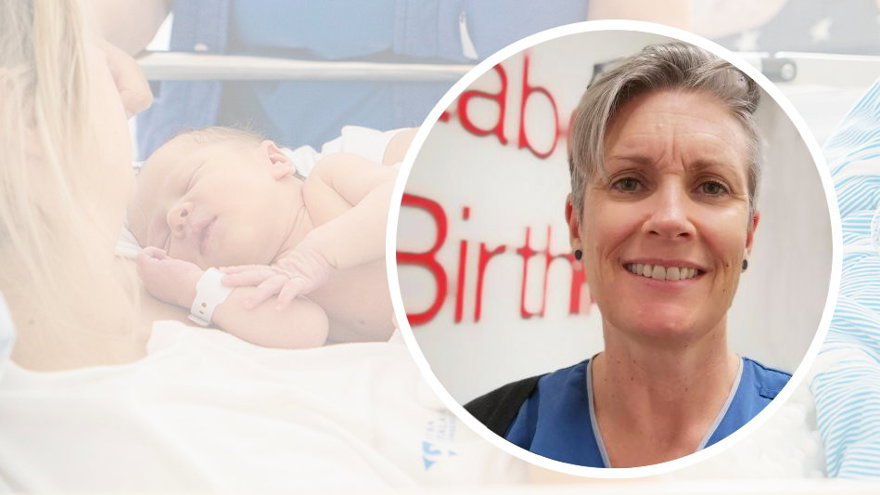 Collage med Elizabeth zab Franklin och bebis i bakgrunden